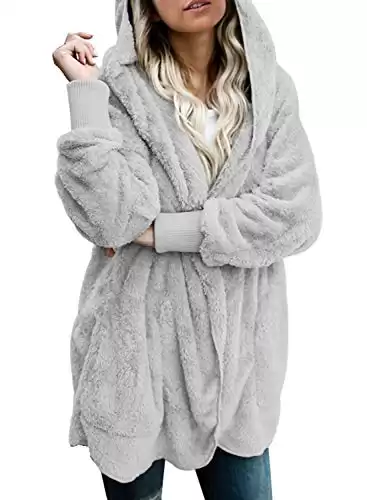 Soft Fuzzy Fluffy Sherpa Faux Fur Open Front Long Sleeve Coat