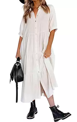 Women's Cotton Half Sleeves Button Down Midi Dress with Pockets
