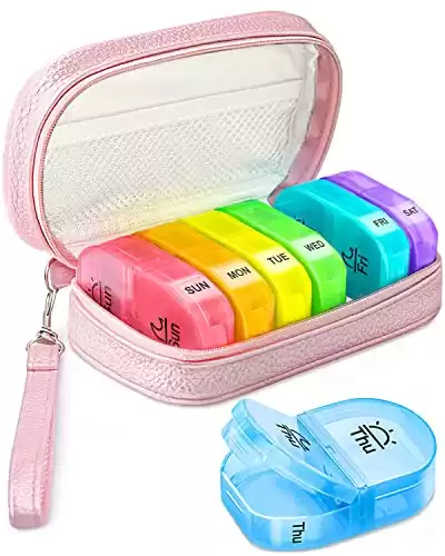 Cute Pill Organizer 2 Times a Day, AMOOS PU Leather Pill Case for Women, Portable Weekly Pill Box for Purse with Storage Bag to Hold Vitamins/Medications/Fish Oils/Supplements, Pink