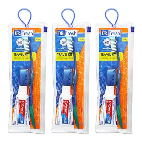 Toothbrush Travel Kits 3-Pack Includes Toothbrush, Cover, Toothpaste, and Travel Bag